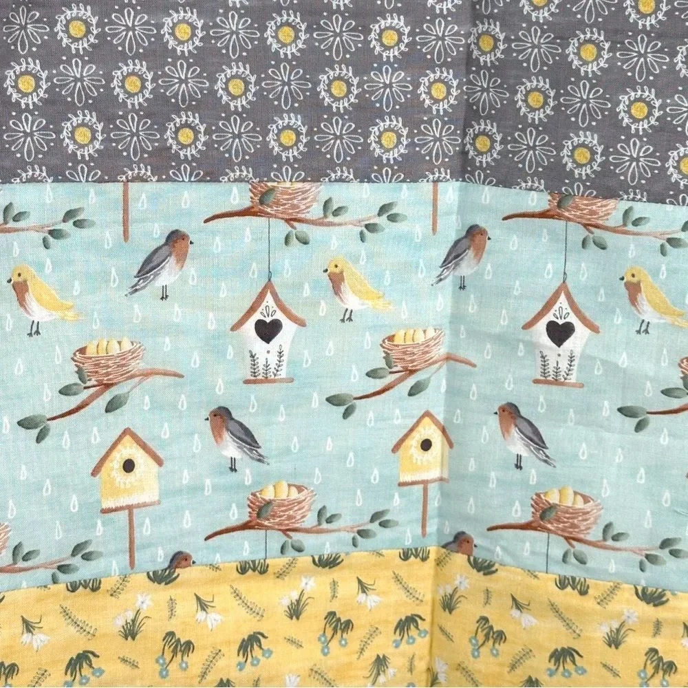 Handmade Large yellow gray blue Spring garden Print Bedroom Decor Quilt topper